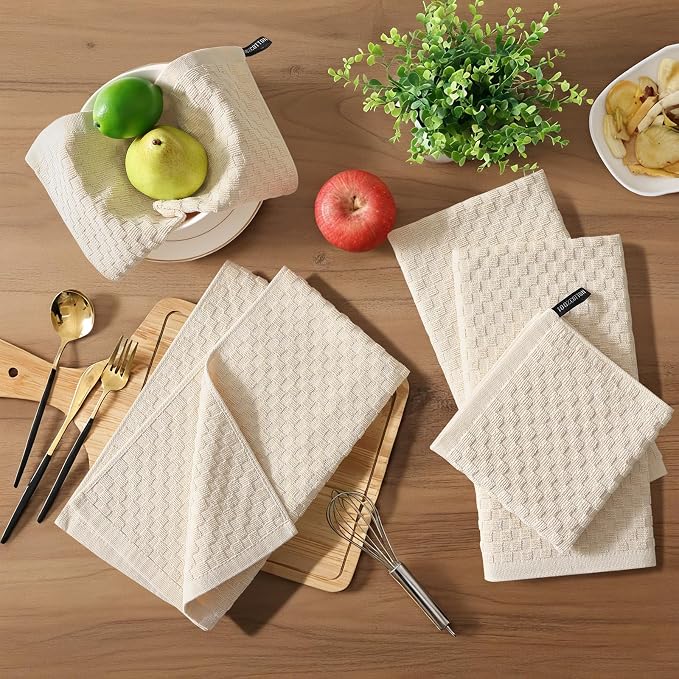 Homaxy 100% Cotton Terry Kitchen Towels(15" x 25", 12 Pack), Beige | Soft and Super Absorbent Dish Towels, 380 GSM Reusable Tea Towel with Hanging Loop, Pineapple Grid Designed