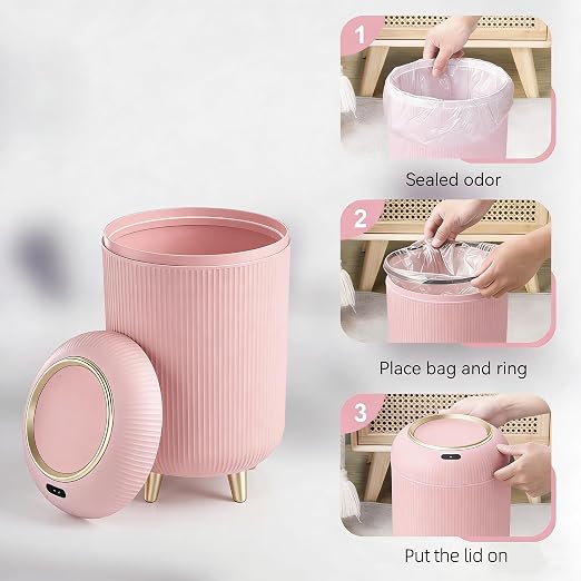 URALFA Motion Sensor Trah Can Bathroom, Automatic Pink Trash Can with Lid | 3 Gal Touchless Bathroom Garbage Can with Lid, Smart Trash Bin for Bedroom, Office, Restroom, Removable Legs, Pink and Gold