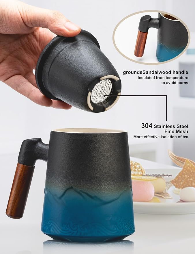 suyika Tea Cup with Infuser and Lid, Gradient Black & Blue, 15.2oz /450ml | Ceramic Mug, Wood Handle, For Loose Leaf Tea