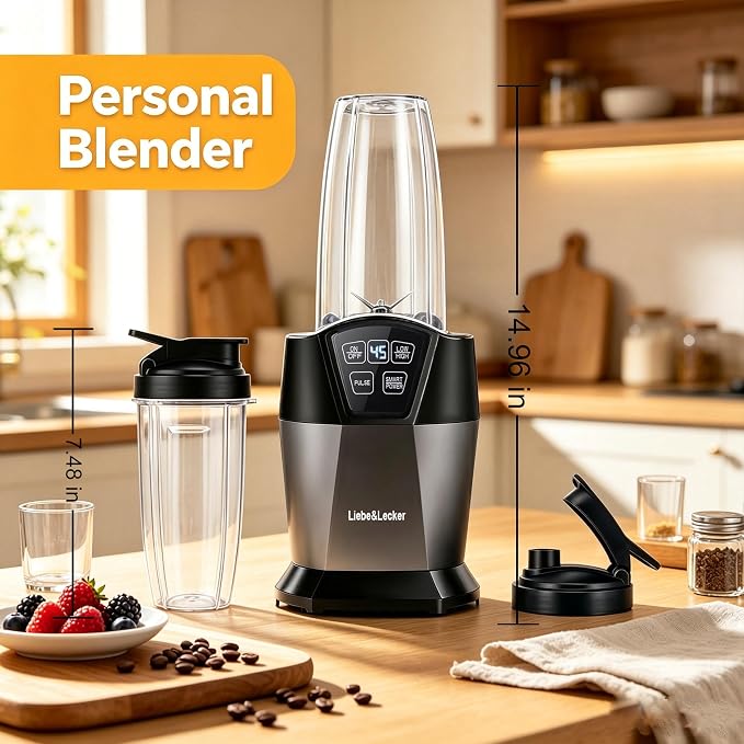 Liebe&Lecker Personal Blender, 1200 Peak Watts Smoothie Blender for Kitchen | Countertop Blenders with 6-Leaf Blade, Two 28-oz To-Go Cups & Spout Lids for Frozen Drinks, Meal Prep, Zero BPA