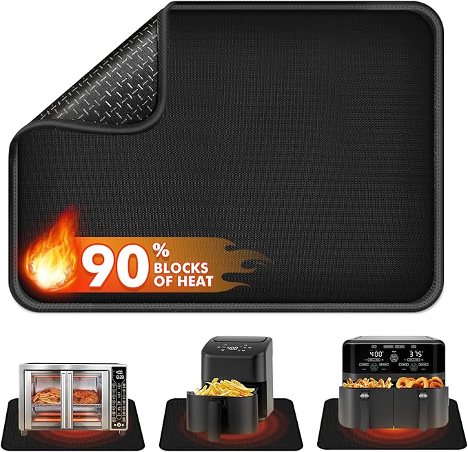 Non-slip Air Fryer Mats for Countertop, 2mm Thick, 18x15 in, Black | 1022°F Fireproof mat, heat resistant mats for countertop, non-slip silicone bottom, air fryer accessories for ninja, cosori