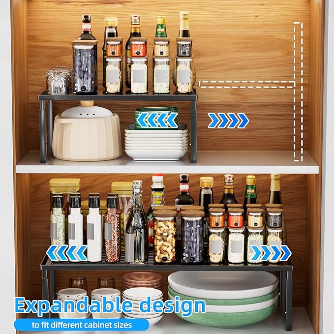 Cabinet Shelves, 2 Pack Stackable Shelves for Pantry Storage | Expandable & Height Adjustable Cabinet Organizer Shelf | Metal Shelf Organizer | Black Spice Rack for Pantry Storage