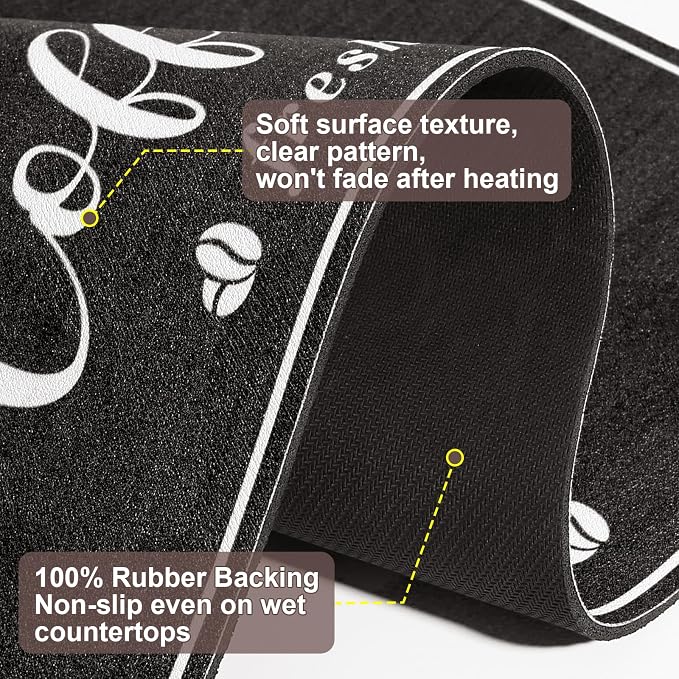 CooRug Fashion Coffee Mat, Dish Drying Mat 16" x 24" Black | Hide Stain, Absorbent, Coffee Bar Accessories, Heat Resistant, Non-slip, Eco-friendly, Easy to Clean