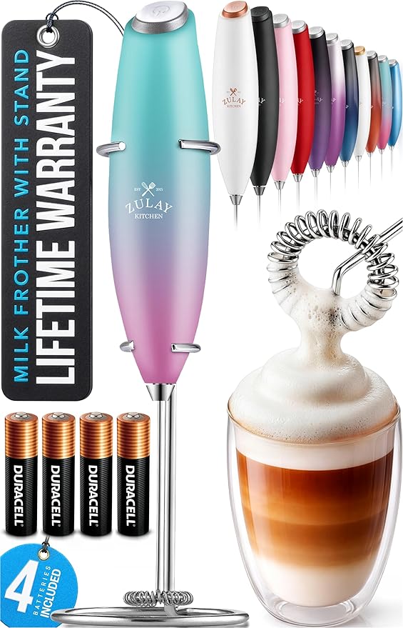Zulay Kitchen Powerful Milk Frother Wand With Duracell Batteries - Ultra Fast Handheld Drink Mixer - Electric Whisk Foam Maker for Coffee, Lattes, Cappuccino & Matcha - Z1 Motor - Pink Spritz