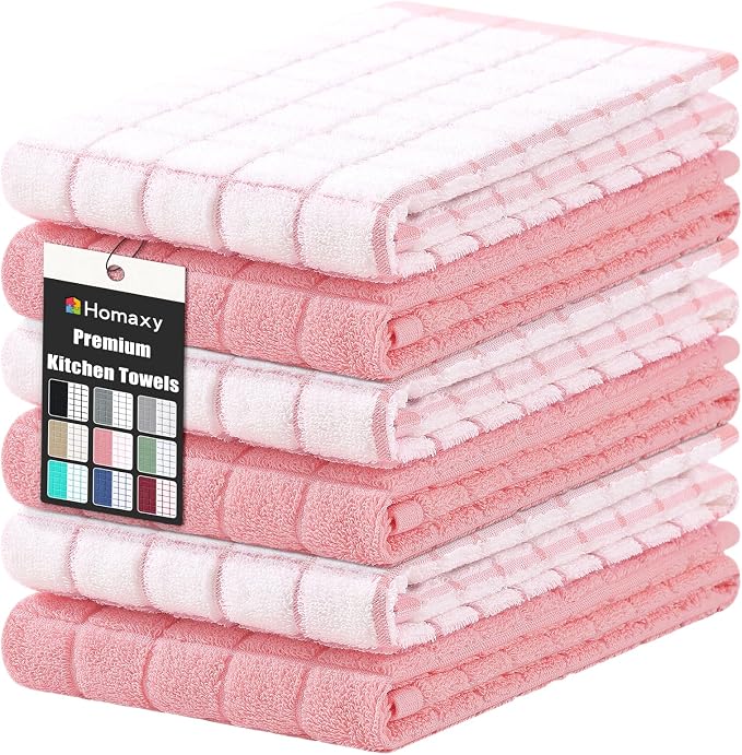 Homaxy Large Premium Cotton Kitchen Towels 16"x 28", 6 Pack, Pink | Natural Ring Spun 390 GSM Dish Towels, Super Absorbent Terry Kitchen Hand Towels, Soft Tea Towels with Hanging Loop