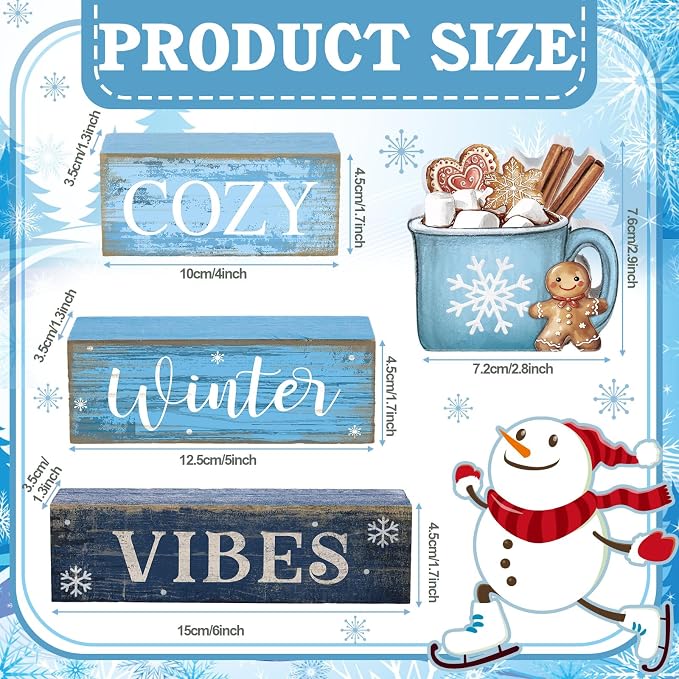 Lineshading 4 Pcs Wooden Farmhouse Tiered Tray Decor Winter Block Signs | Rustic Tabletop Decor, Hot Cocoa Mug Topper, Blue Wooden Signs, Cozy Winter Vibes Theme, Farmhouse Style Home Accents