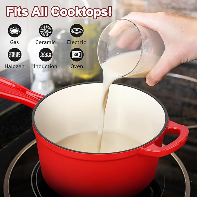 1 Quart Saucepan with Lid, Leonyo Enameled Cast Iron Sauce Pan with Lid, Small Enamel Cast Iron Dutch Oven Kitchen Cookware for All Cooktops Cooking Pasta, Soup, Milk - Up to 500°F & 4.4Lbs, Red