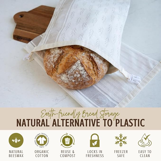 Nectar & Nest Reusable Beeswax Bread Bags for Homemade Bread & Sourdough | Organic Cotton, Beeswax-Lined XL 13x17 Waxed Bags Keep Sourdough Loaves Fresh Longer; Reusable, Zero Waste, Compostable