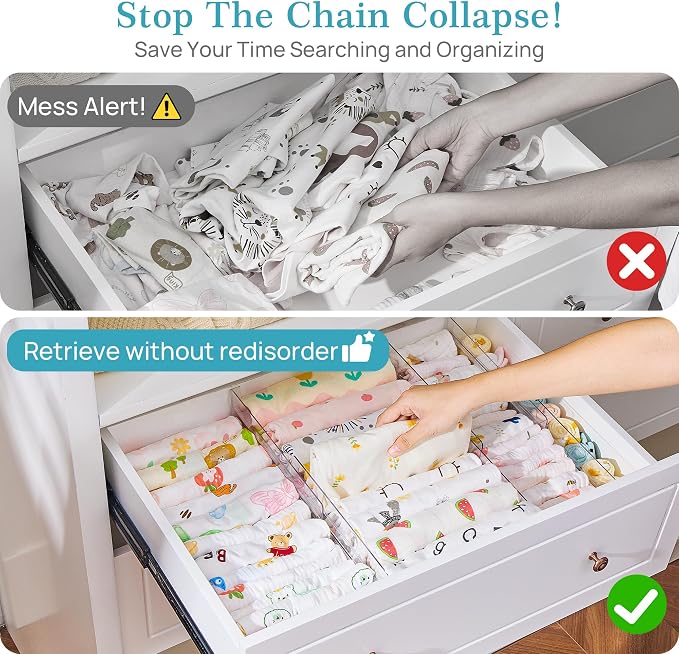 Vtopmart 8 Pack Drawer Dividers for Clothes, 4" High 10.2"-16.5" Adjustable Expandable Dresser Drawer Organizer, Clear Plastic Separators for Dresser, Baby Clothing, Underwear, Cosmetic, Toiletries | Expandable Dresser Drawer Organizer, Clear Plastic S...