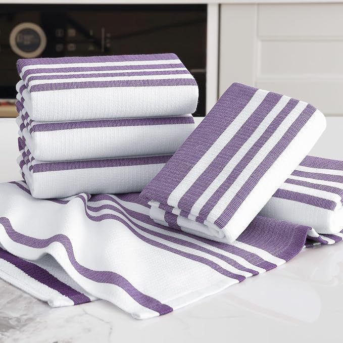 Homaxy Premium Cotton Stripe Kitchen Towels 6 Pack, 18"x 28", Purple | Large 380 GSM Kitchen Hand Towels, Soft Terry Dish Towels, Highly Absorbent Tea Towel Set with Hanging Loop