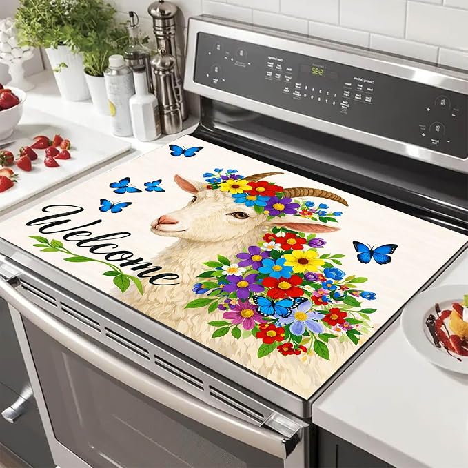 HOMETITUTE Spring Stove Top Cover 28x20 Welcome Goat Floral Heat Resistant
