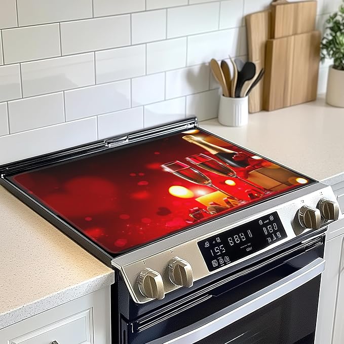 Electric Stove Top Cover Protector,Rose Wine Glasses Romantic Glass Flat Top Stove Mat,Heat-Resistant Oven Induction Cooktop Mat for Ceramic Countertop Mats Dish Drying Mat