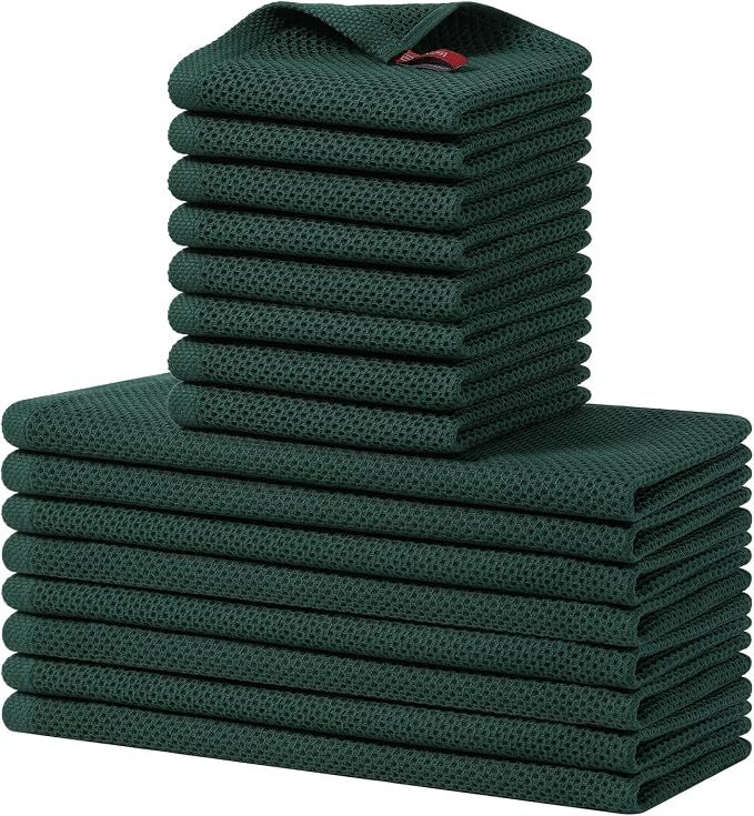 Homaxy 16 Pack 100% Cotton Kitchen Towels and Dishcloths Set,Blackish Green | 12 x 12 Inches and 13 x 28 Inches Kitchen Towels Set, Ultra Soft Absorbent Dish Cloths for Washing Dishes