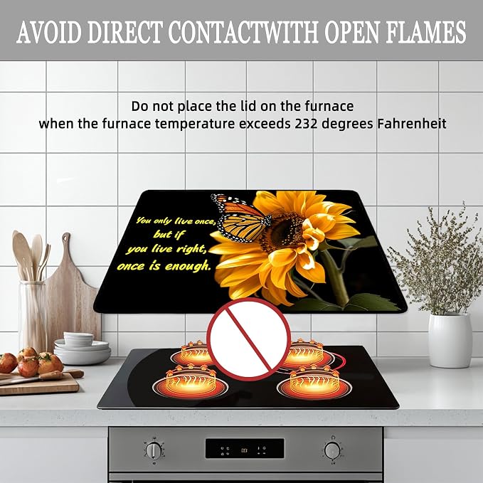 Sunflower Butterfly Glass Stove Top Cover Protector Retro Floral Plant Glass Cooktop Protector,Inspirational Quotes Cooktop Mat Electric Stove Cover Vintage Kitchen Decor