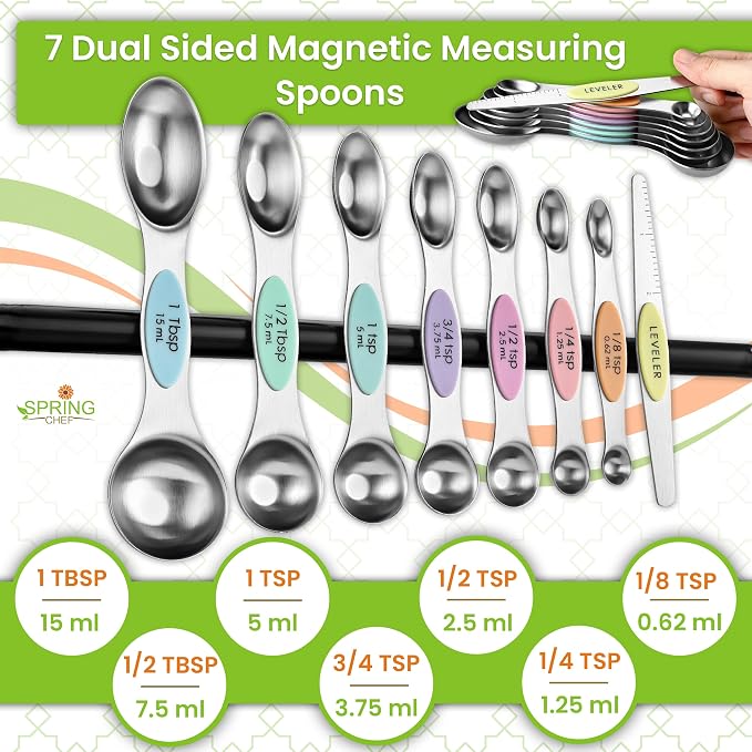 Spring Chef Magnetic Measuring Cups & Spoons Set of 15, Patented, Pastel | Stackable Stainless Steel Measuring Cups & Heavy Duty Metal Measuring Spoons with Levelers for Dry & Liquid Ingredients