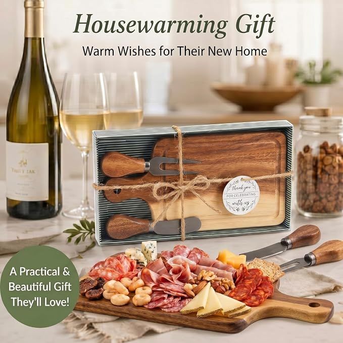 8 Sets Bridal Shower Favor Prizes Charcuterie Board,Acacia Color | Acacia Wood Cheese Board with Knife Fork Thank You Tag, Gift Box for Guests, Valentines Wedding Baby Shower Party Favors