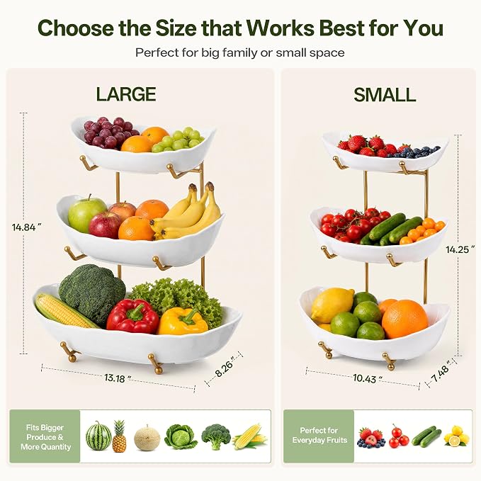 HBlife Large Fruit Bowl for Kitchen Counter - 3 Tier Fruit Basket with Gold Metal Stand, Ceramic Fruit Holder, Tiered Serving Trays for Party