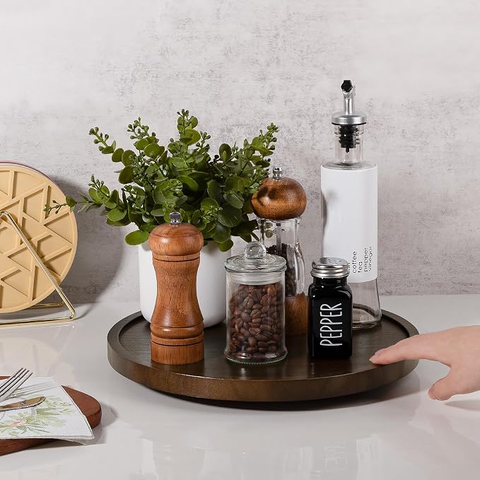Wood Lazy Susan Turntable Kitchen Decor Round Table Tray, 12" Walnut | Waterpoof, Easy clean, Non-slip, Rotating Wooden Decorative Pantry Table Tray for Seasoning, spice, snack