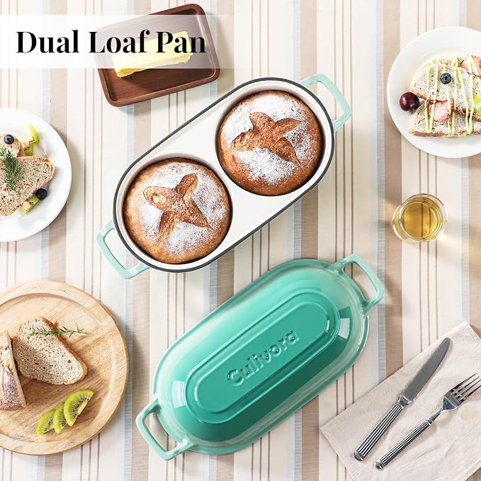 Cast Iron Bread Pan with Lid, Mini Enamel Sourdough Baking Dutch Oven Pot, Double Round Loaf Space for Homemade, Bread, Cake, Meatloaf, 16.5cm Diameter, 500°F Oven Safe, Non Stick, Green