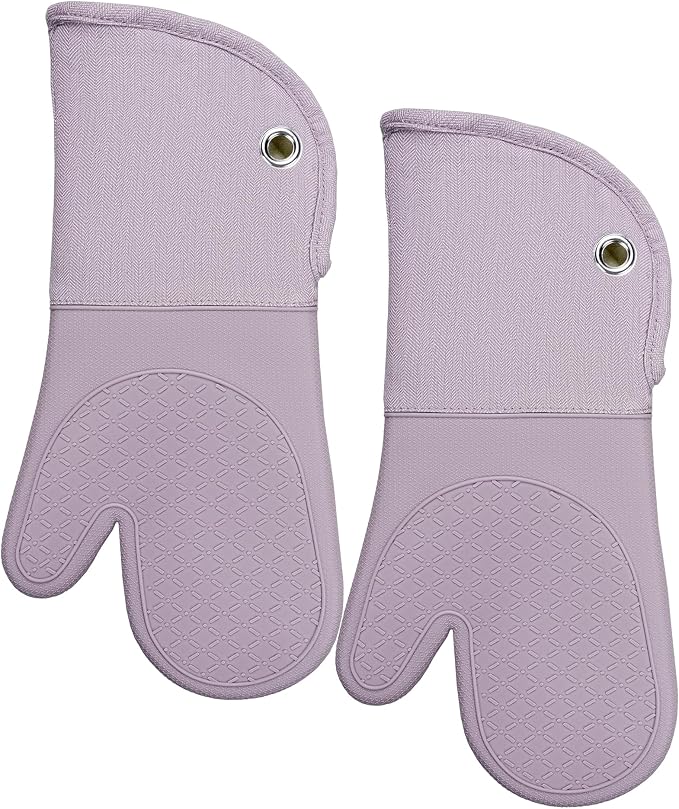 Professional Microwave Silicone Oven Mitts one Pair, Kitchen Mitten Set | Heat Resistant with 500 Degrees Oven Gloves Pot Holder for BBQ Cooking Baking (Purple)