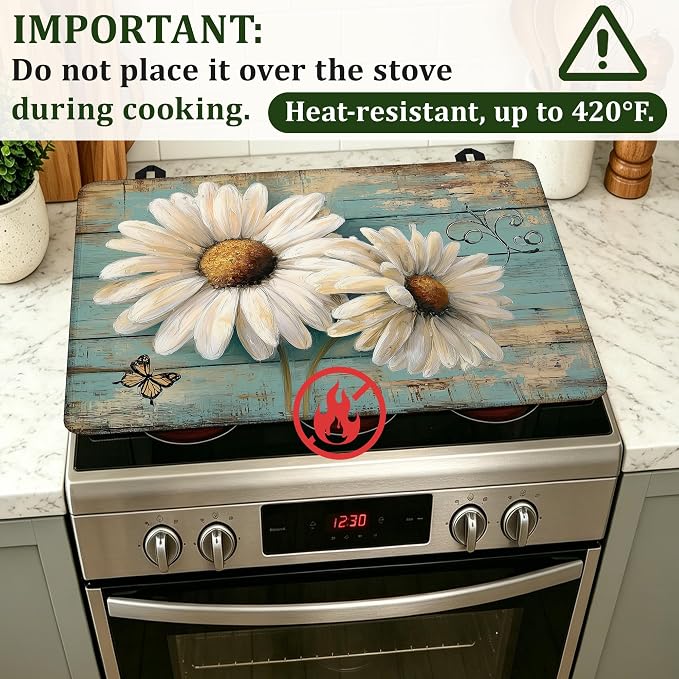 Daisy Flower Stove Top Covers for Electric Stove,Vintage Wood Electric Gas Stove Pad Heat Resistant Range Cooktop Protector for Home Decor Kitchen 28.5"x20.5"