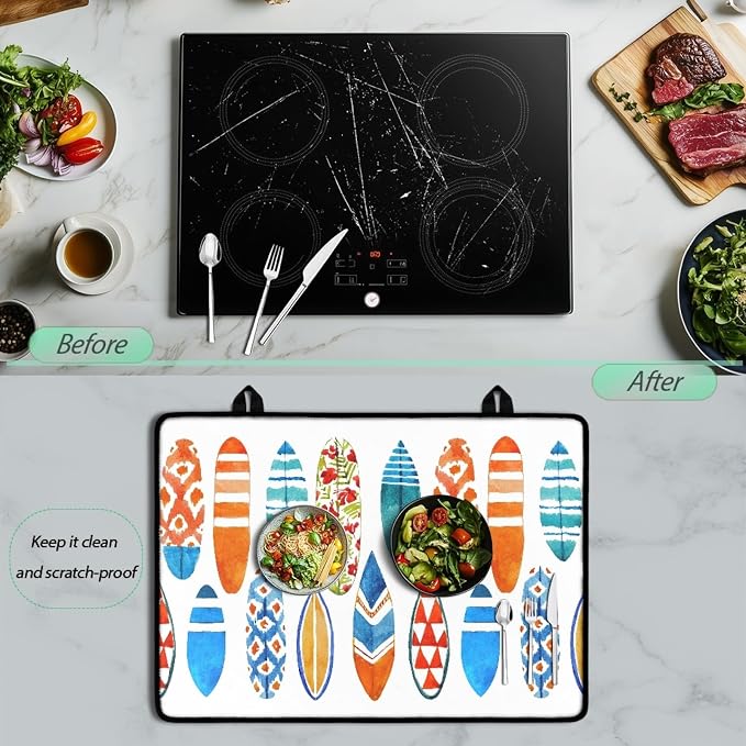 Wave Watercolor Surfboard Stove Top Covers for Electric Stove, Summer Beach Stylish Glass Stovetop Cover with Lanyard Surfboards Pattern Countertop Protector Mat for Kitchen 28 x 20 Inch
