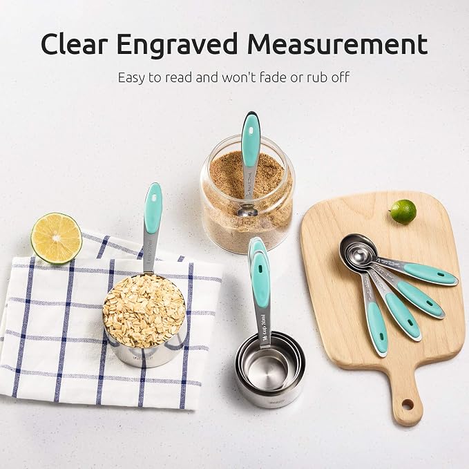 U-Taste Measuring Cups Spoons Set, 18/8 Stainless Steel, 10Pcs, Aqua Sky | Upgraded Thickened Handle, Reinforced Welded Joints, Nested Stackable Design, Metal Measure Set for Kitchen Baking Cooking