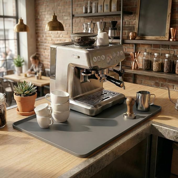 Silicone Coffee Mat for Countertop, 24x16 inch - Heat Resistant Espresso Machine Mat with Raised Edge, Non-Slip Waterproof Station Pad, Compact Coffee Bar & Kitchen Accessories - Grey