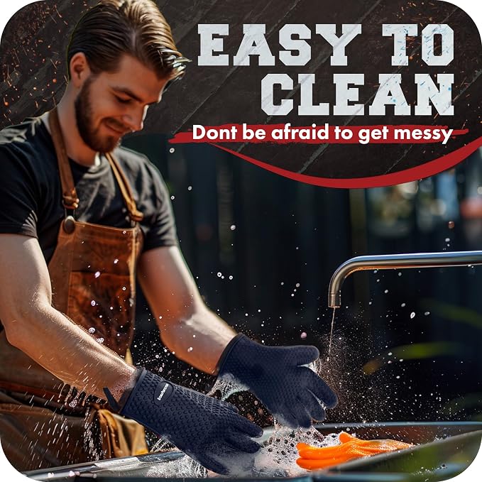 KITCHEN PERFECTION S Silicone Smoker BBQ Gloves - Heat Resistant Oven Mitts | Waterproof, 5-Finger Design For A Better Grip, for Pitmasters, Meat Smoking, Grilling, Cooking, Frying Turkey | Grill Gift