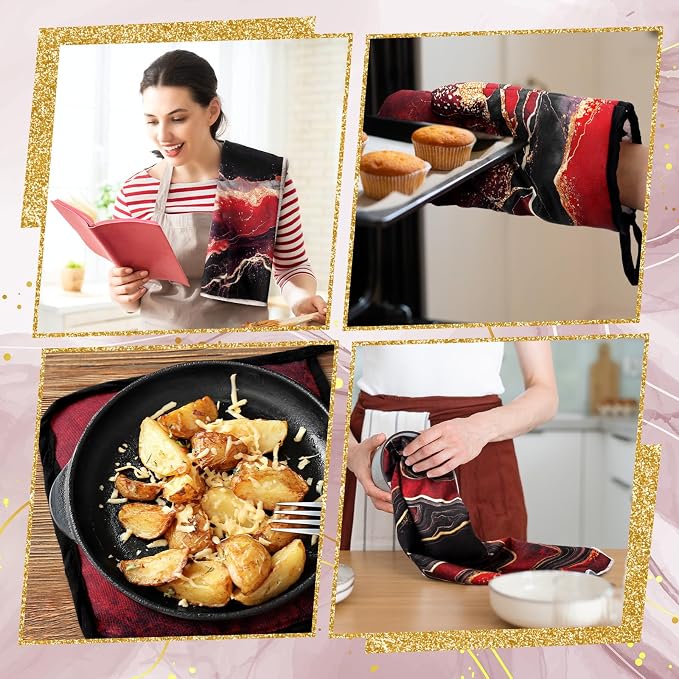 Leinuosen Burgundy and Gold Marble 8 Pcs Kitchen Towels and Dishcloths Sets Oven Mitts and Pot Holders Absorbent Kitchen Gloves Potholders Heat Resistant for Chef Baking Cooking
