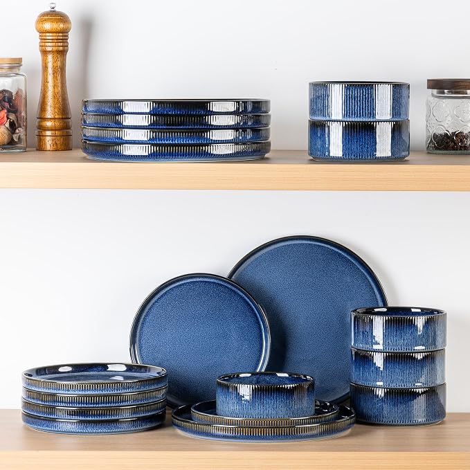 Ceramic Dinnerware Set for 4, 12-Piece Plates and Bowls Set | Lightweight Porcelain Dish Set, Scratch Resistant, Oven & Microwave & Dishwasher Safe, Starry Blue