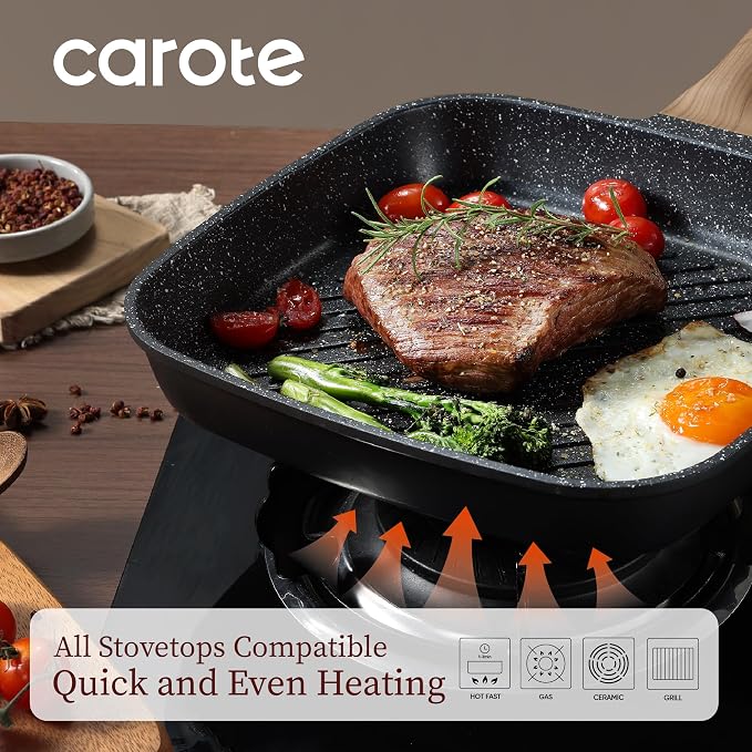 CAROTE 11 Inch Nonstick Grill Pan for Steak, Premium Granite Coating | Square Grill Skillet, Indoor Outdoor RV Camping Use, Gas & Induction Safe, All Stovetops Compatible, PFOA Free, Black