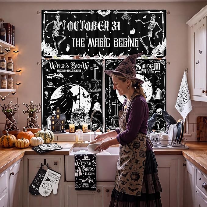 13 Pcs Halloween Kitchen Decor Set 3 Witch Kitchen Curtains Valance 2 Black Rugs and Mats 4 Towels 2 Pot Holders 2 Oven Mitts for Home Decor Cooking Grilling Housewarming Gift