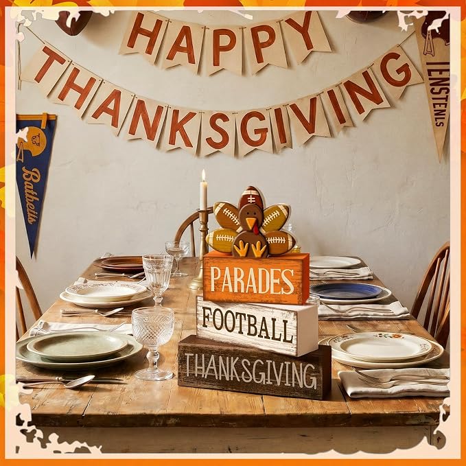 Lineshading 4 Pcs Thanksgiving Football Block Signs Wooden Farmhouse Decor | Rustic Turkey Design, Tiered Tray Decor, Tabletop Centerpiece, Seasonal Display, Gift for Fall Football Gatherings