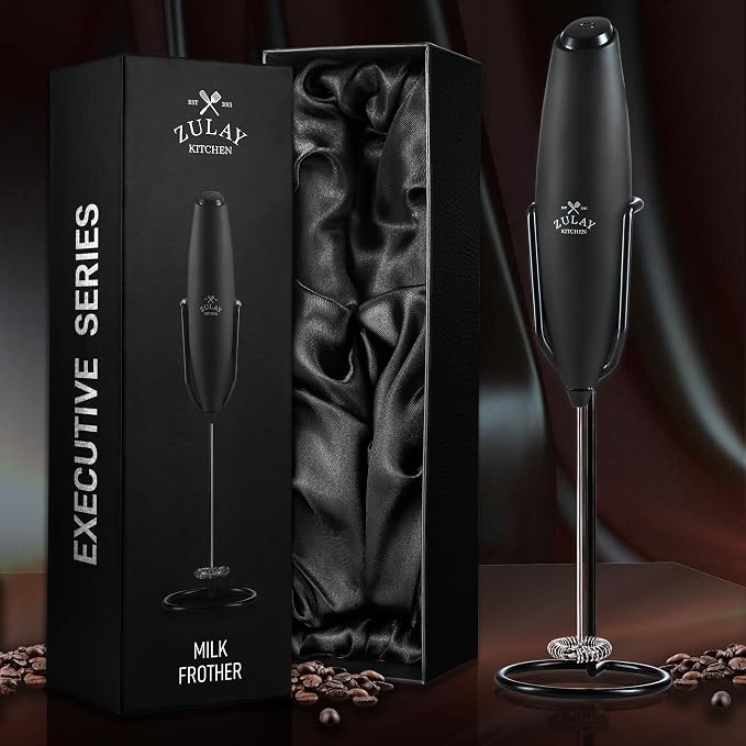 Zulay Kitchen Executive Series Milk Frother Wand - Upgraded & Improved Stand - Ideal Coffee Gift - Coffee Frother Handheld Foam Maker For Lattes - Electric Milk Frother Handheld For Cappuccino