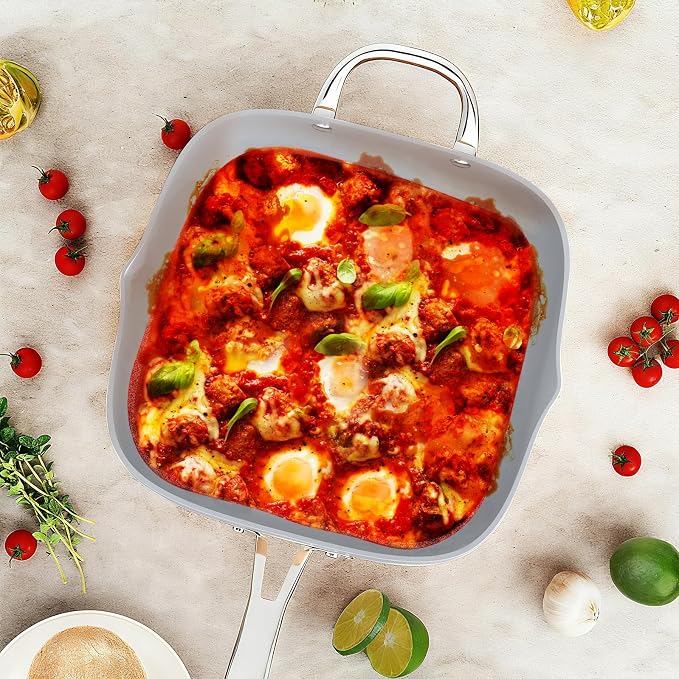 FELAMP 9.5-Inch Ceramic Nonstick Deep Square Frying Pan Set with Glass Lid, Stainless Steel Fry Basket & Steamer Rack, Induction Compatible, Oven &Dishwasher Safe, 4-Piece Square Pan Chef Cookware Set