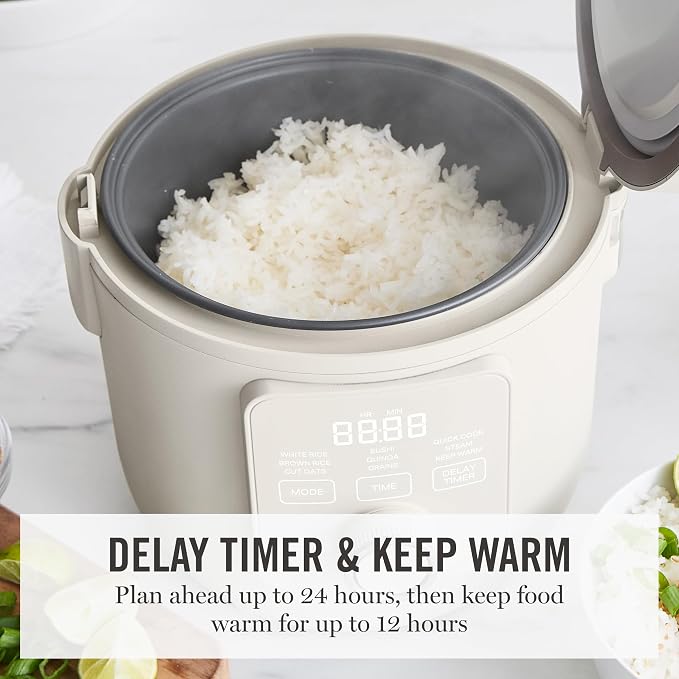 Martha Stewart 8 Cup Cooked (4 Cup Uncooked) Rice Cooker & Steamer, Linen | PFAS-Free Ceramic Nonstick Removable Pot, 9 Modes, Keep Warm, Steamer, White & Brown Rice, Quinoa, Grains, Oats, Easy Clean
