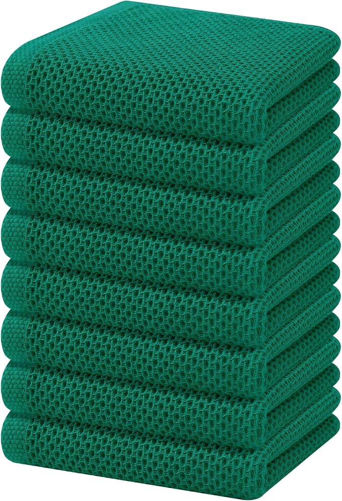 Homaxy 100% Cotton Waffle Weave Kitchen Dish Towels 8-Pack, Dark Green | 13 x 28 Inches, Ultra Soft Absorbent Dish Towels, Quick Drying Cleaning Towels