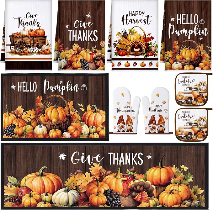 Fourluoo 10 Pcs Fall Pumpkin Kitchen Decor Set for Gift Cooking | Includes 4 Microfiber Towels, 2 Polyester Rugs and Pot Holders, Plus Foam Insulated Oven Mitts for Daily Kitchen Tasks