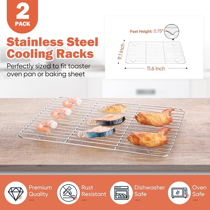 Homikit 2 Pack Cooling Racks, 12” x 9” Stainless Steel Baking Rack Set for Bacon Bread Cookies, Heavy Duty Metal Wire Oven Rack for Cooking Roasting Grilling Fit Quarter Sheet Pan, Dishwasher Safe