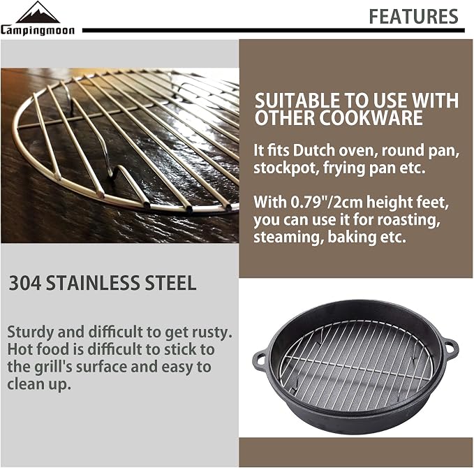 CAMPINGMOON φ8.27inch/φ21cm Round Stainless Steel Roasting Baking Steaming Cooling Rack Cooking Grid Grill Fits for 10-inch Dutch Oven W21