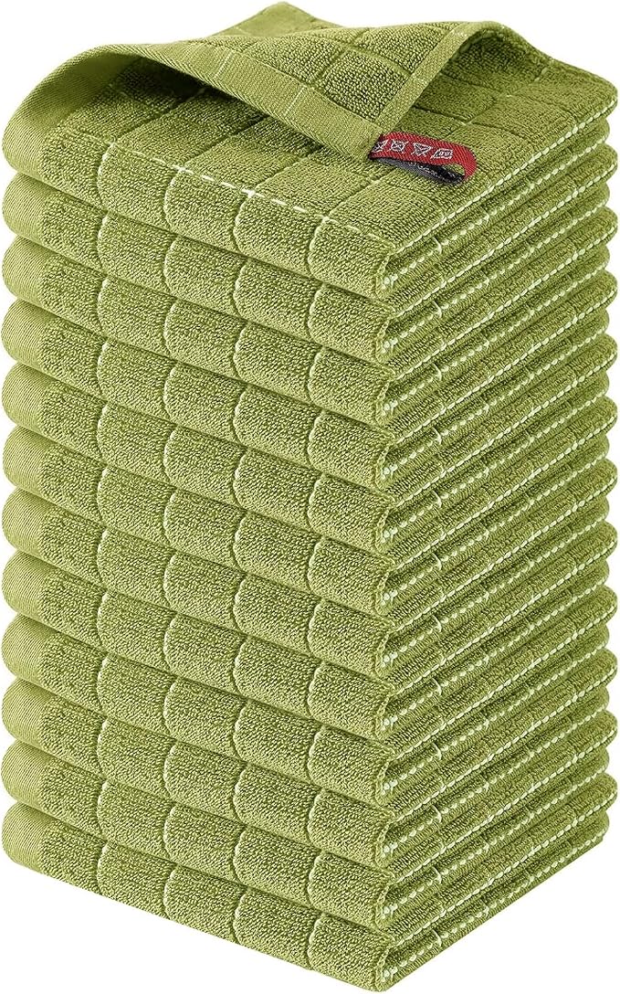Homaxy 100% Cotton Terry Kitchen Dish Cloths, 12 Pack, Olive Green | Ultra Soft and Absorbent, Suitable for Drying and Washing Dishes