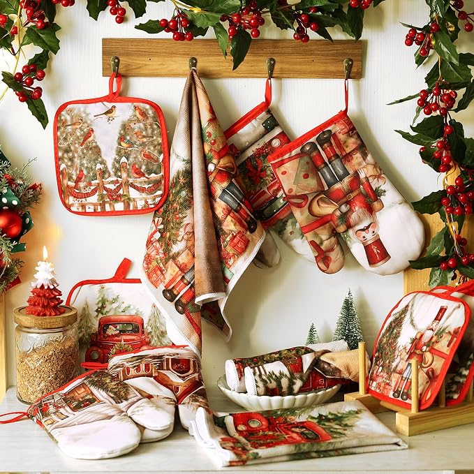 SiliFine 12 Pcs Christmas Kitchen Accessories Set Nutcracker Pot Holders Red Truck Oven Mitts Vintage Winter Church Kitchen Towels for Country Christmas Home Decorations, Cooking Baking Holiday Gifts