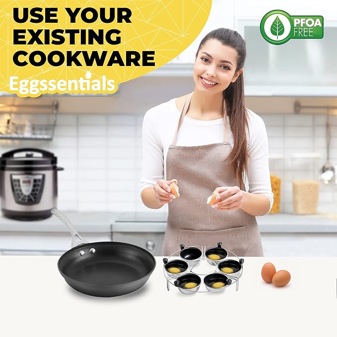 Egg Poacher Insert Stainless Steel Poached Egg Cooker Eggs Poaching Cup PFOA Free Egg Poachers Nonstick, 9 inches Rack, 6 Poached Cups