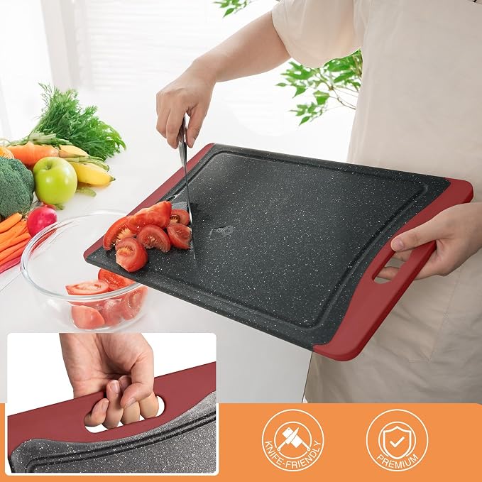 Extra Large Cutting Boards, Plastic Cutting Boards for Kitchen (Set of 3) Cutting Board Set Dishwasher Chopping Board with Juice Grooves Easy-Grip Handles, Red, Empune