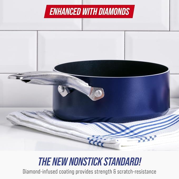 Blue Diamond 2QT Diamond Infused Ceramic Nonstick Sauce Pan with Lid, Blue | PFAS-Free Ceramic Nonstick Chef Pot, Dishwasher & Oven Safe, Durable Metal Utensil Safe, Soups, Glass Lid