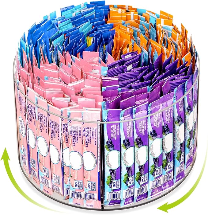AIEVE Drink Packet Organizer, Lazy Susan 360° Turntable Organizer for Drink Mix Hydration Packets, Water Flavor Acrylic Container Tea Bag Holder for Kitchen Storage Organization