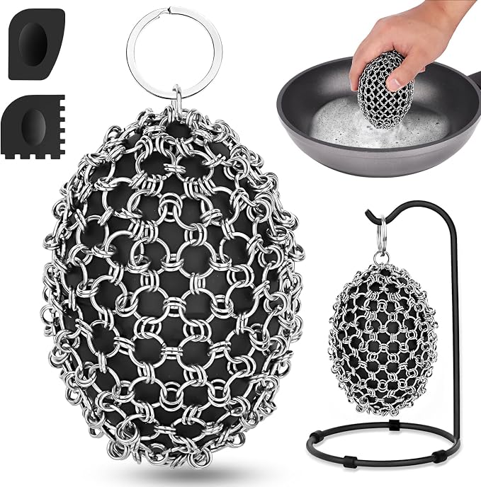 Cast Iron Scrubber Chainmail Set – 316 Stainless Steel Dish Scrub Brush for Cast Iron Skillet Pan Cleaner, Dutch Oven, Wok & Non-Stick Cookware | Dishwasher Safe – Black Double Ring