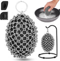 Cast Iron Scrubber Chainmail Set – 316 Stainless Steel Dish Scrub Brush for Cast Iron Skillet Pan Cleaner, Dutch Oven, Wok & Non-Stick Cookware | Dishwasher Safe – Black Double Ring