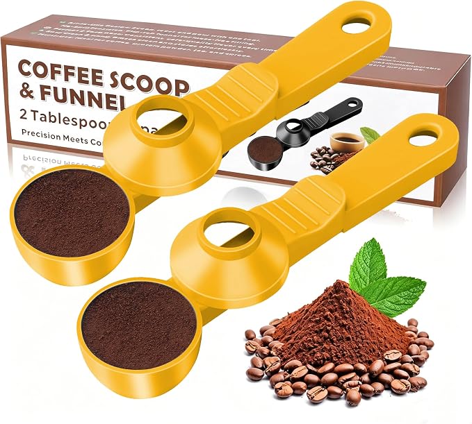 2-in-1 Coffee Scoop with Funnel, 2 Tbsp Measuring Spoon for Reusable K Cups, Ground Coffee, Protein Powder & Tea, Mess-Free Plastic Design（Yellow-2pack）